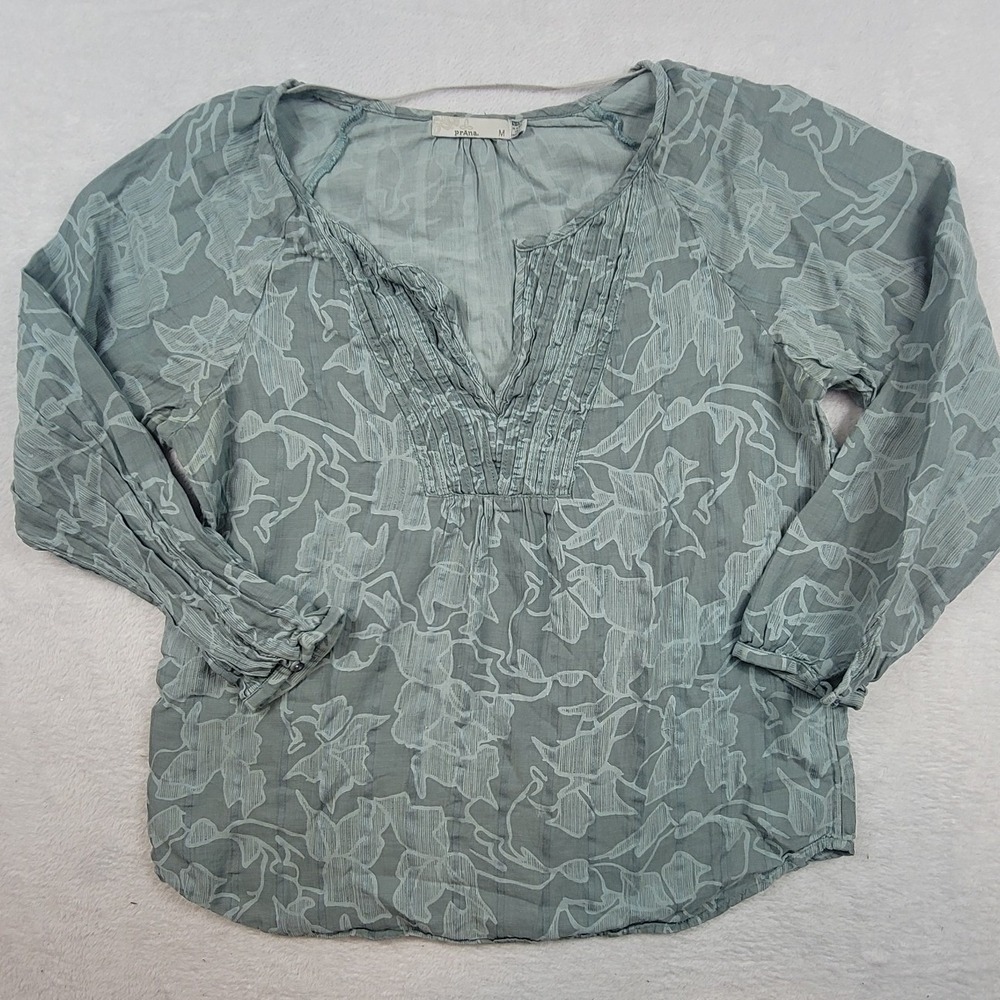 Prana Green Burnout Floral Pintuck Peasant Blouse Top Medium
